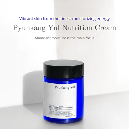 Pyunkang Yul Nutrition Cream jar on a white background with text about moisturizing benefits.