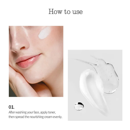 Instructions on how to use Pyunkang Yul Nutrition Cream with a close-up of skin and product.