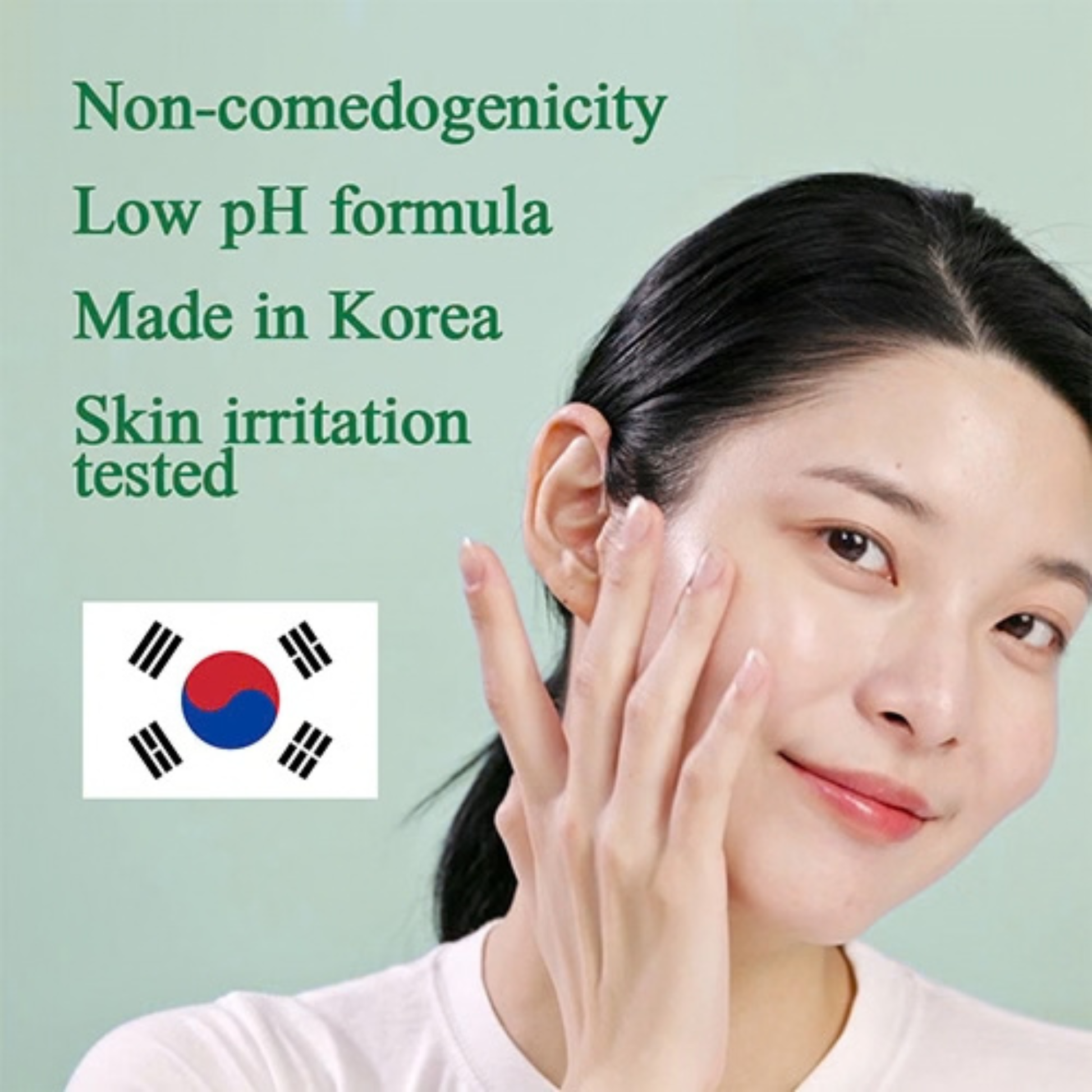 Woman applying when using the Pyunkang Yul Ultimate Calming Solution Ampoule to her face with text about product features on a light green background