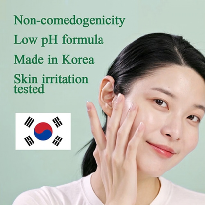 Woman applying when using the Pyunkang Yul Ultimate Calming Solution Ampoule to her face with text about product features on a light green background