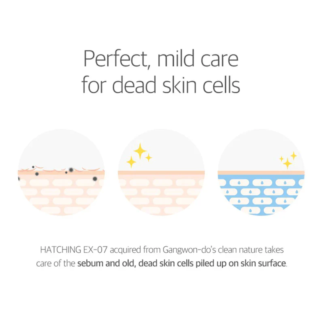 Illustration of skin care process with text about dead skin cells and ingredient name. ROUND LAB 1025 Dokdo Toner