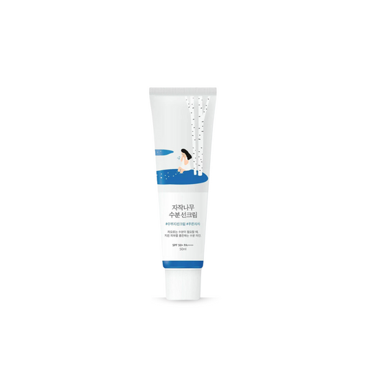 ROUND LAB Birch Juice Moisturizing Sunscreen SPF 50+ PA++++ with blue and white design on a white background