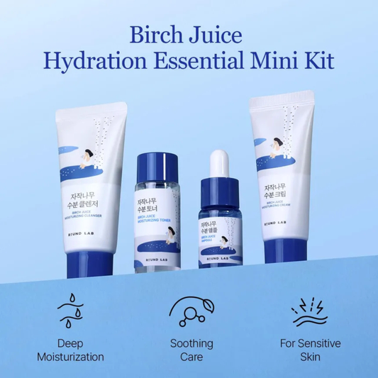 Round Lab Birch Juice Hydration Essential Mini Kit with products on a blue background