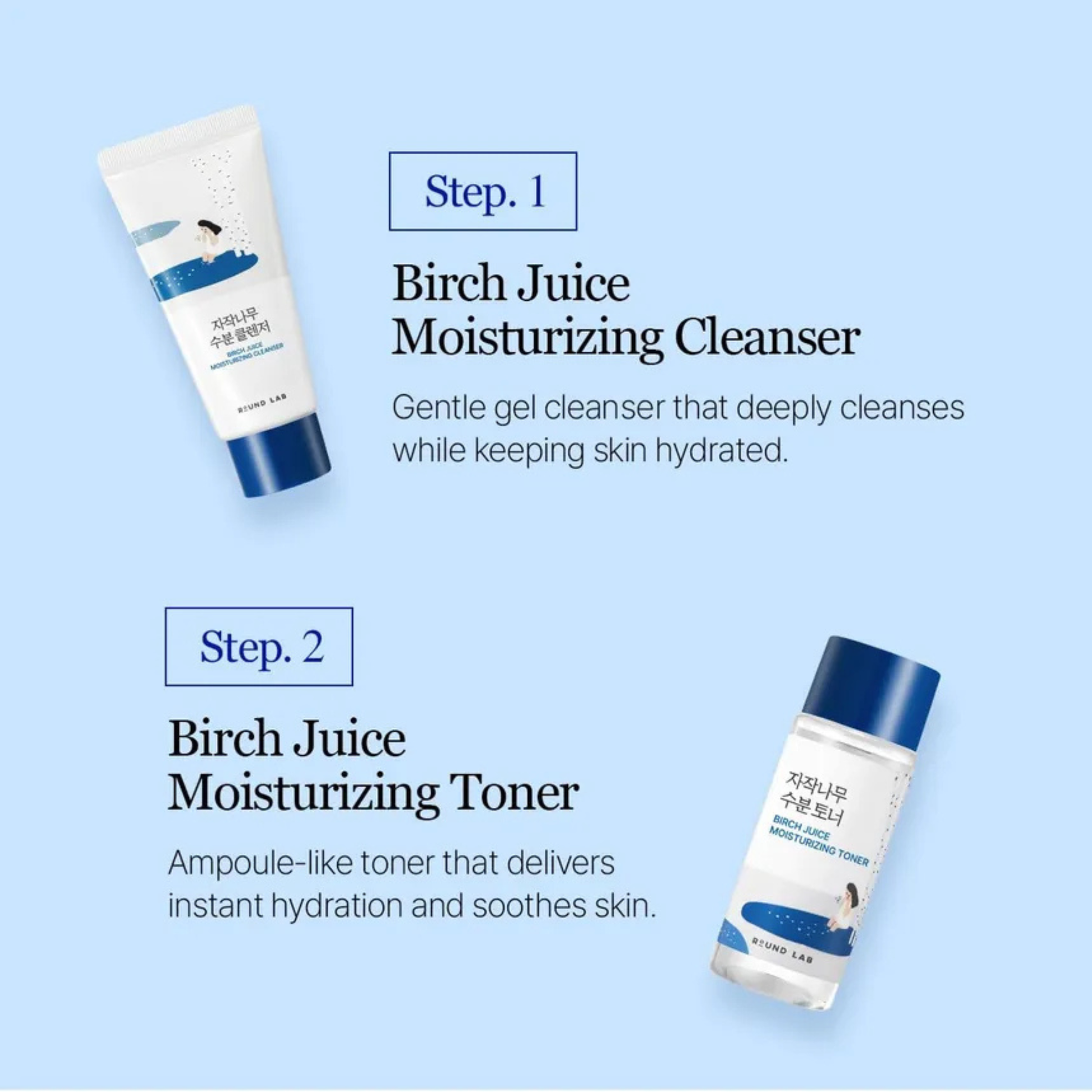 Two Round Lab Birch Juice skincare products on a light blue background: a white tube labeled Birch Juice Moisturizing Cleanser and a white bottle with a dark blue cap labeled Birch Juice Moisturizing Toner, with text describing each step.
