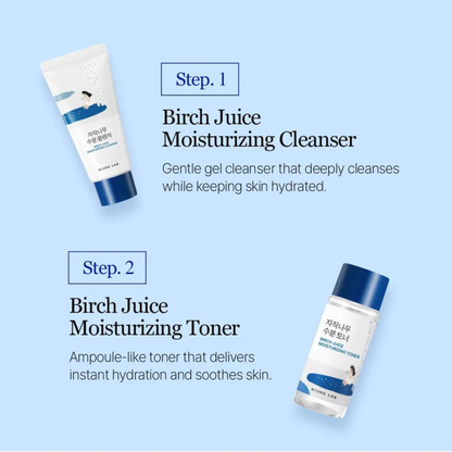 Two Round Lab Birch Juice skincare products on a light blue background: a white tube labeled Birch Juice Moisturizing Cleanser and a white bottle with a dark blue cap labeled Birch Juice Moisturizing Toner, with text describing each step.