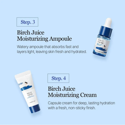 A light blue informational graphic showing two Round Lab Birch Juice skincare products with text labels:  Step 3 Birch Juice Moisturizing Ampoule and Step 4 Birch Juice Moisturizing Cream. The products are displayed on a clean, solid light blue background with black and blue text.