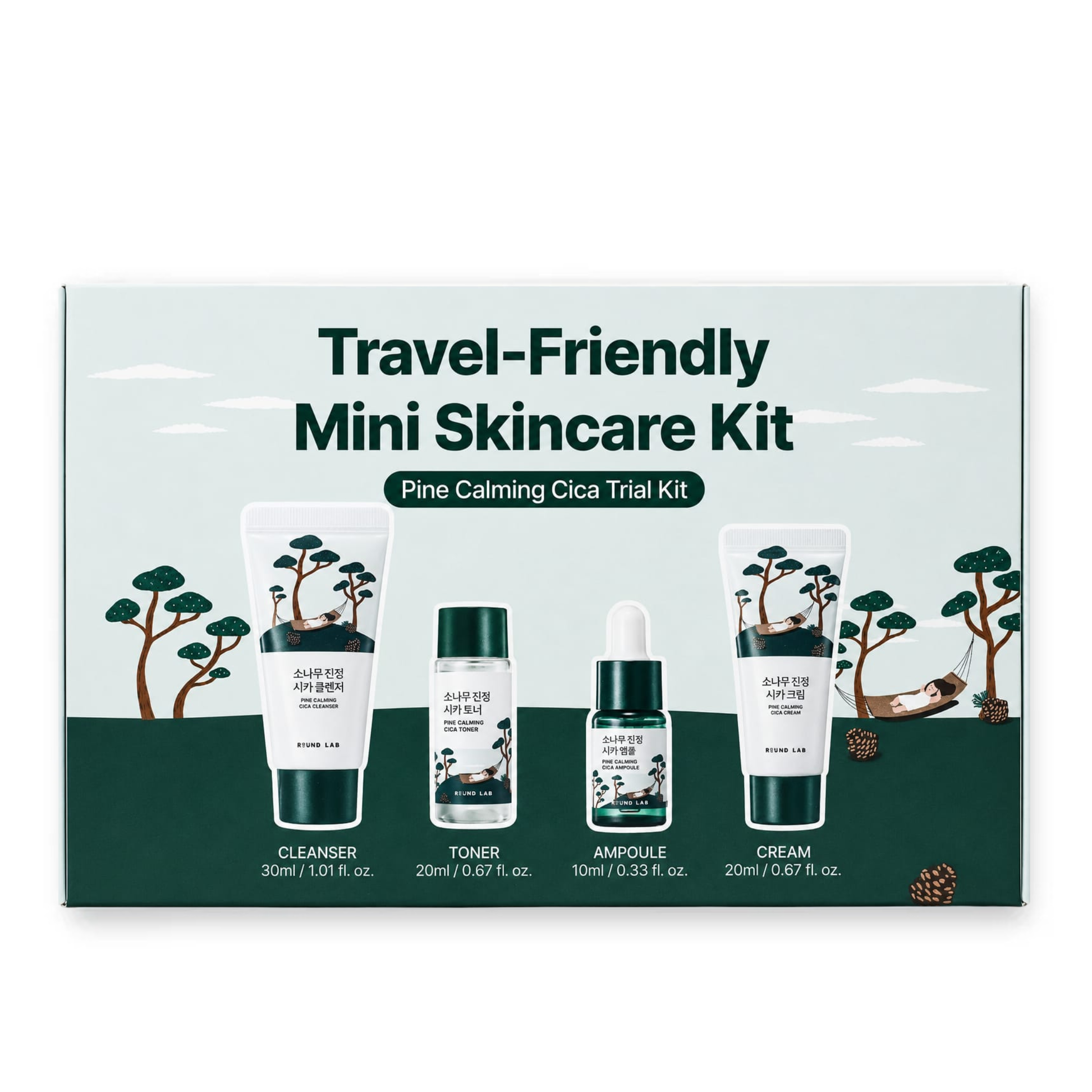 A boxed ROUND LAB Pine Calming Cica Trial Kit labeled 'Travel-Friendly Mini Skincare Kit' with four product containers shown on the front: cleanser, toner, ampoule, and cream. The packaging has a pale mint background, dark green lower band, and illustrated trees and a deer.
