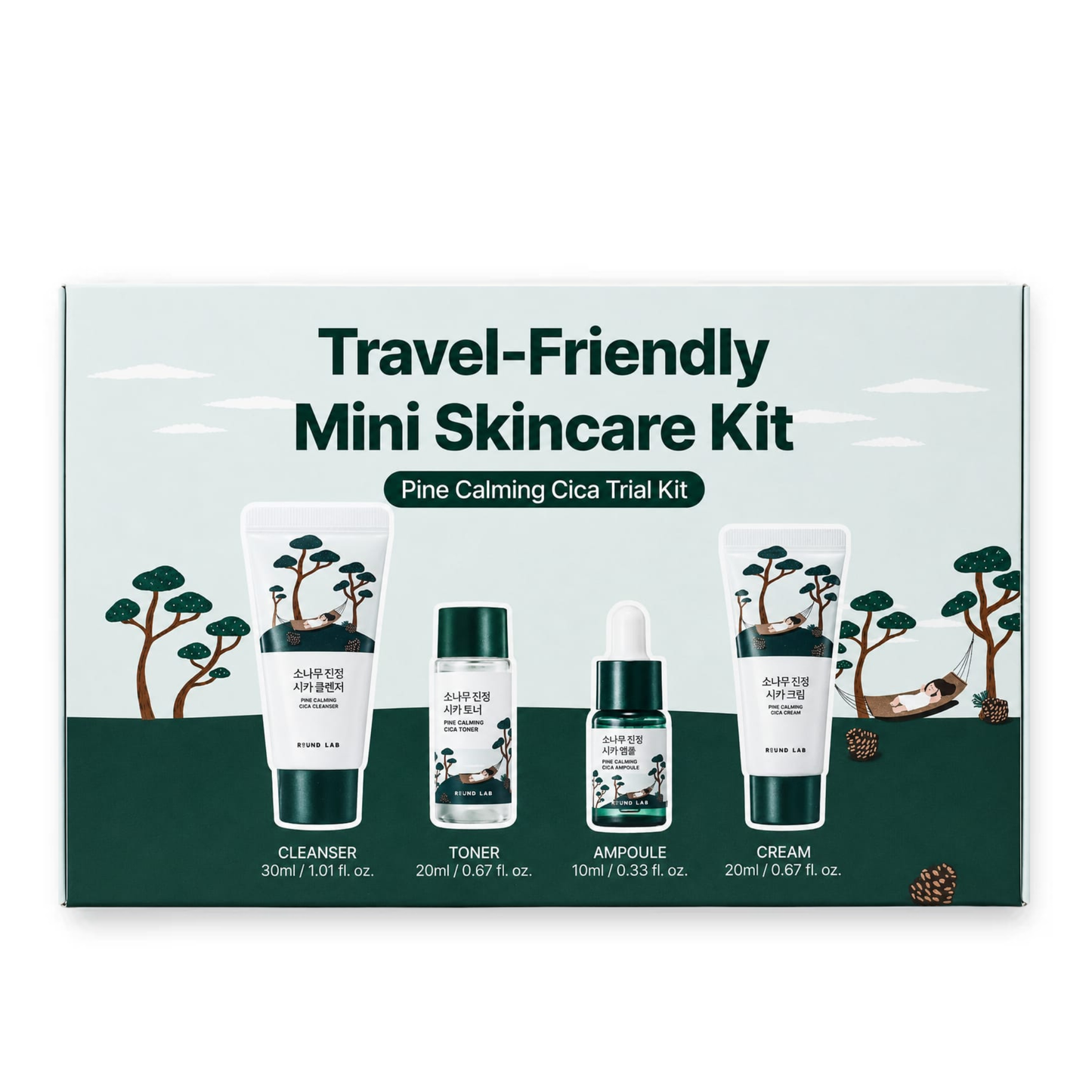 A boxed ROUND LAB Pine Calming Cica Trial Kit labeled 'Travel-Friendly Mini Skincare Kit' with four product containers shown on the front: cleanser, toner, ampoule, and cream. The packaging has a pale mint background, dark green lower band, and illustrated trees and a deer.