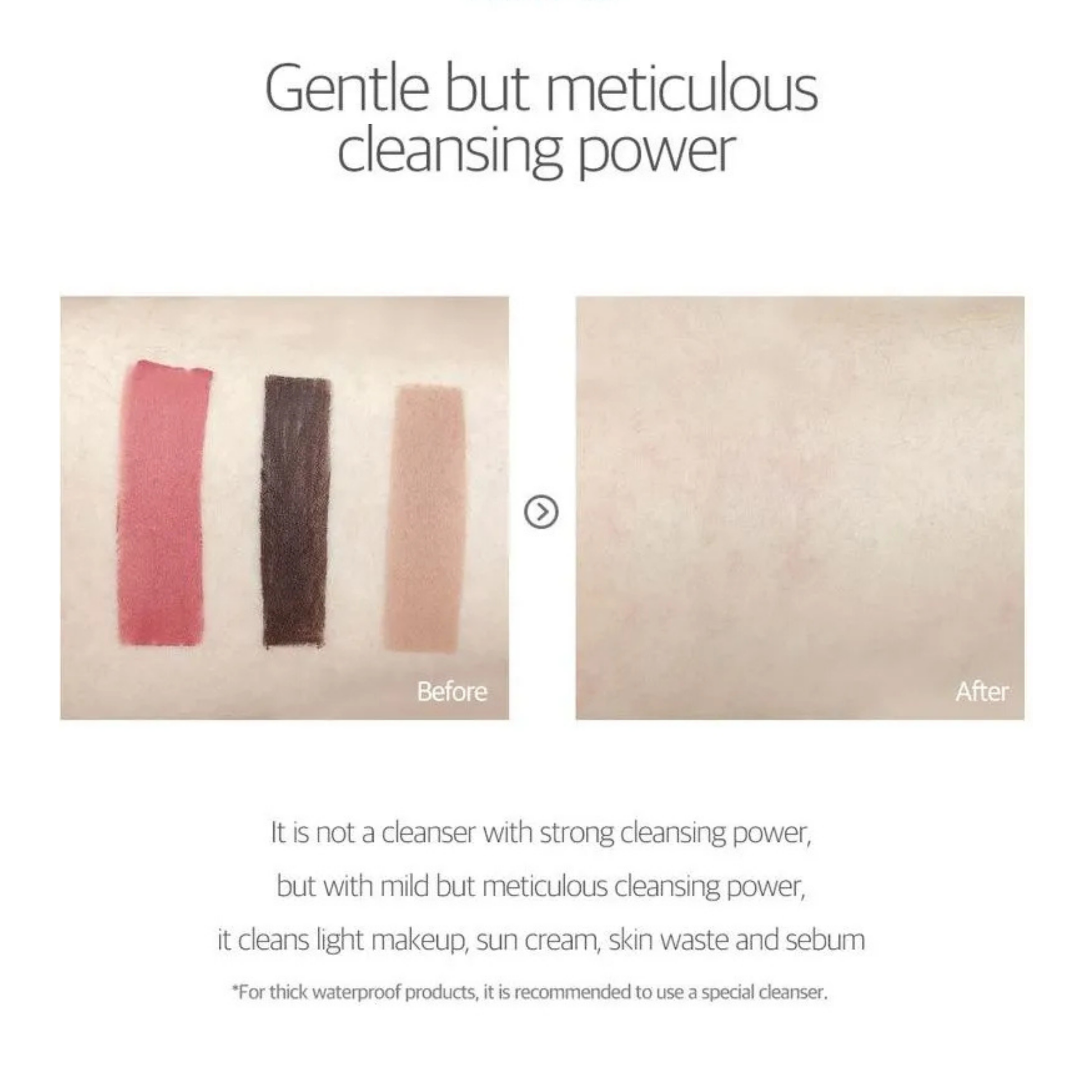 Before and after comparison of a Round Lab 1025 Dokdo Cleansing Milk's ability to remove make-up