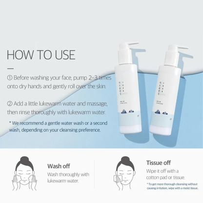 Instructions on how to use Round Lab 1025 Dokdo Cleansing Milk with product images and text.