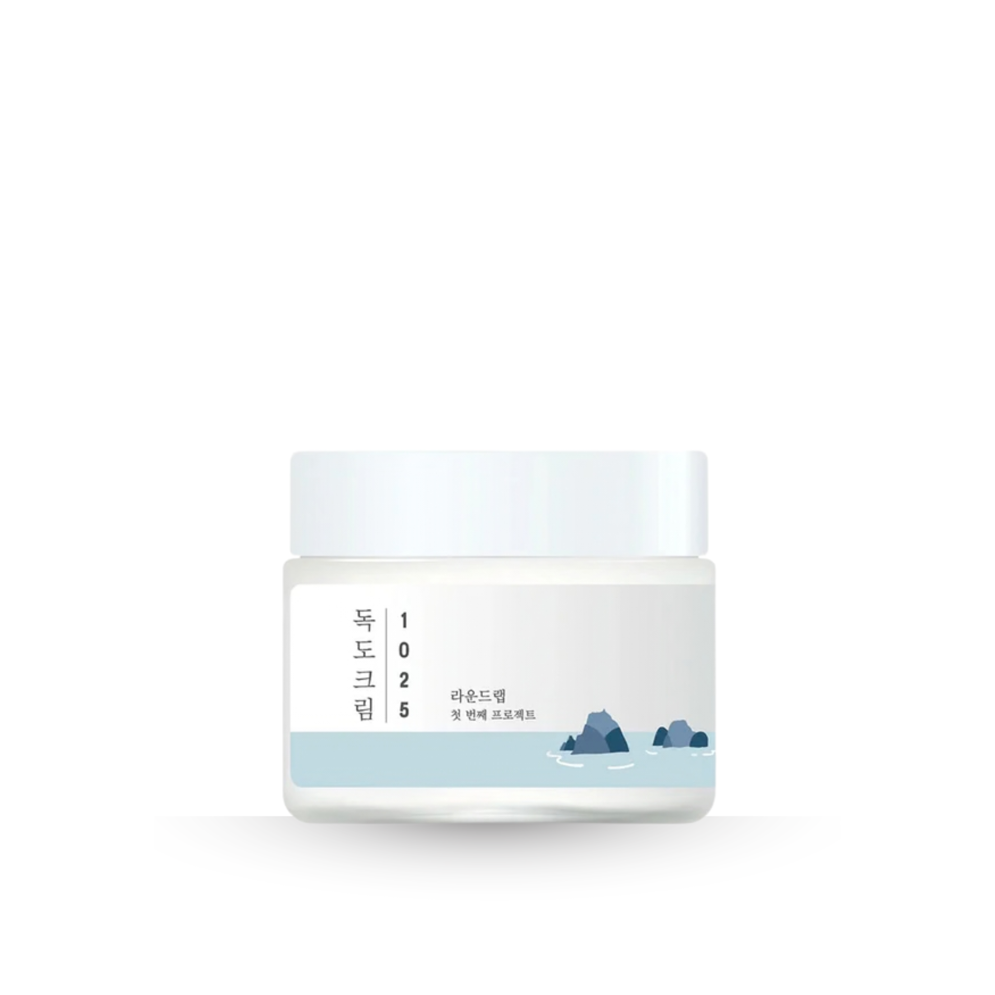 WhiteRound Lab 1025 Dokdo Cream jar with blue accents on a white background