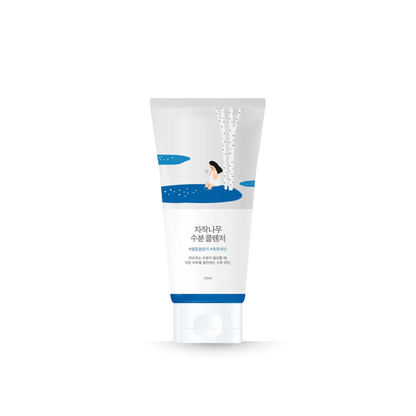 Tube of Round Lab Birch Juice Moisturizing Cleanser with blue and white design on a white background