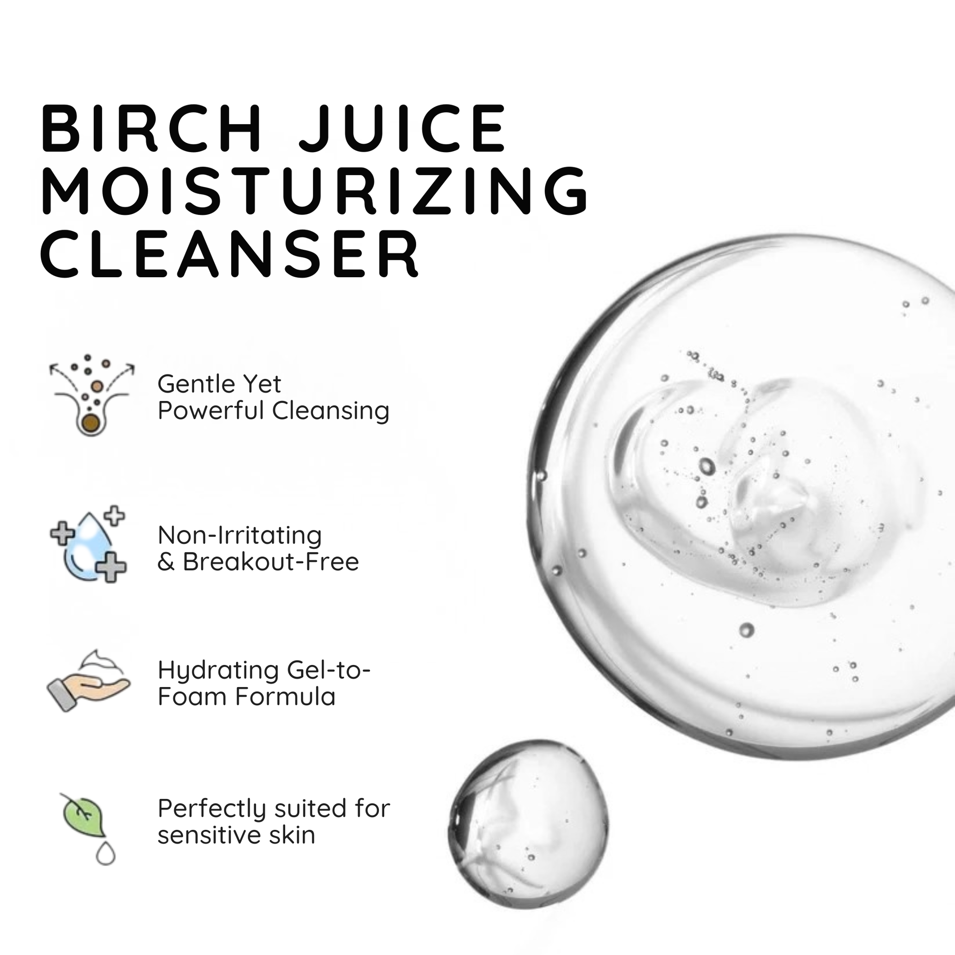 Birch Juice Moisturizing Cleanser Gel with product features on a white background