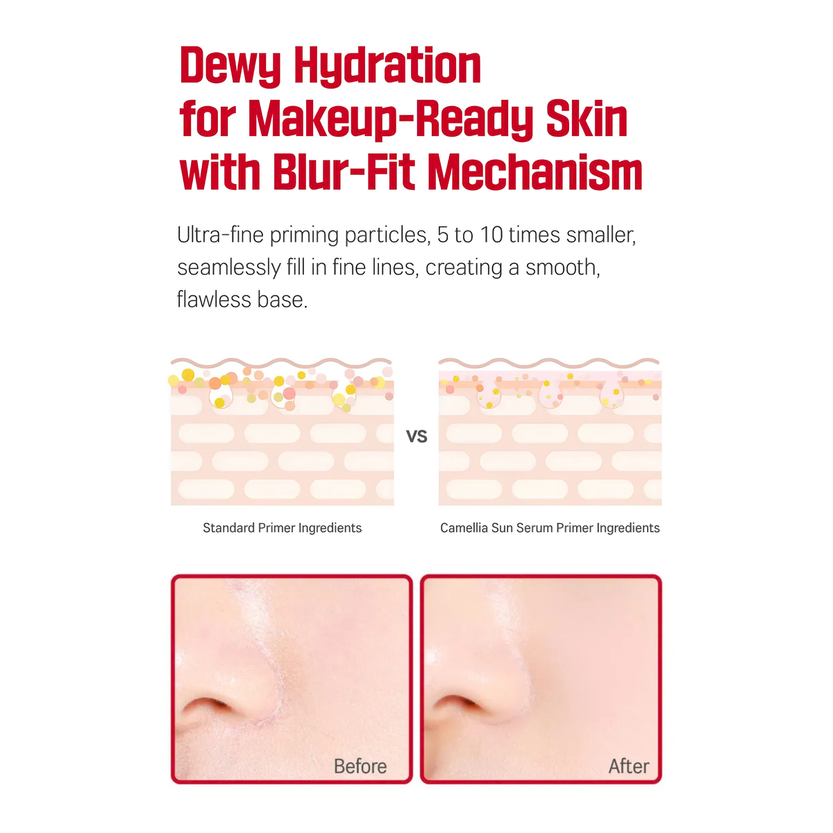 Information on the Makeup-ready blurring effect of the ultra-fine priming particles in the ROUND LAB Camellia Deep Collagen Firming Sun Serum with graphics and before and after shots of makeup applied without and with the ROUND LAB Camellia Deep Collagen Firming Sun Serum as base.