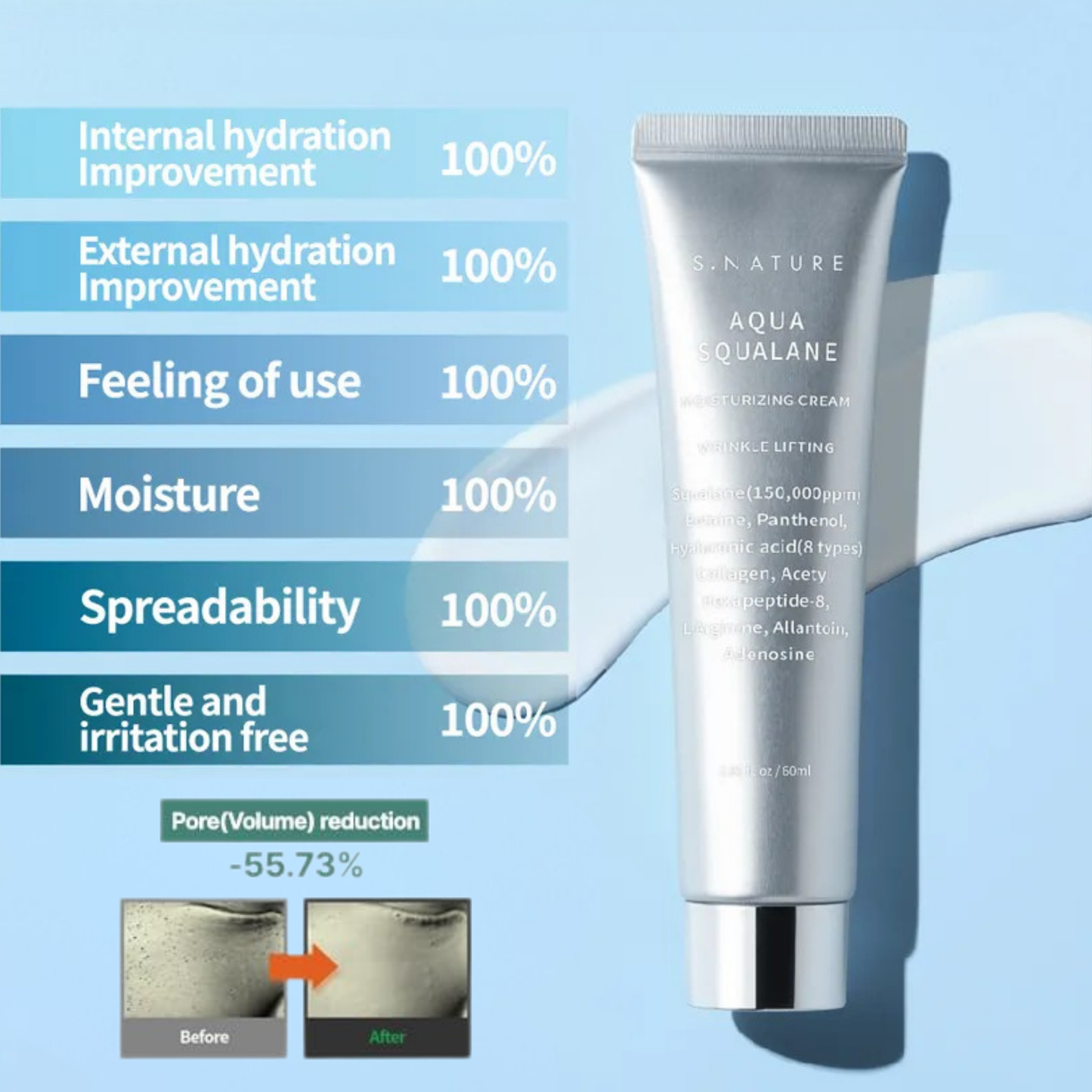 S.NATURE Aqua Squalane Moisturizing Cream tube with hydration improvement claims on a blue background