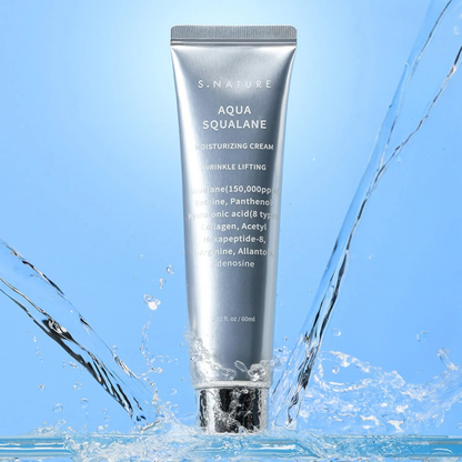 S.NATURE Aqua Squalane Moisturizing Cream tube with water splashes on a blue background