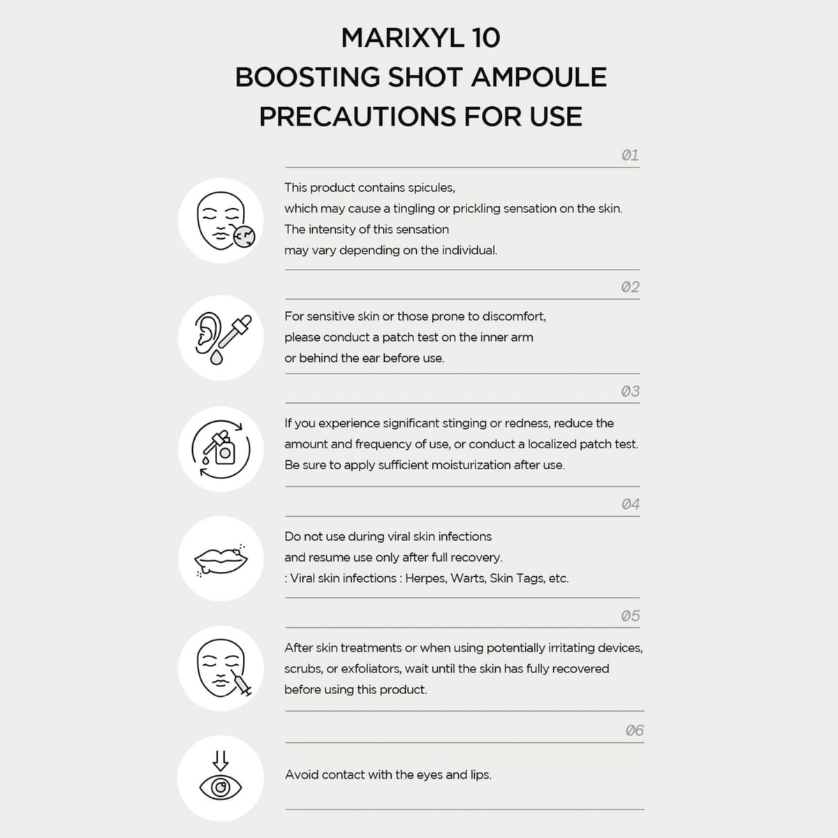 A light gray informational graphic titled 'MARIXYL 10 BOOSTING SHOT AMPOULE PRECAUTIONS FOR USE' with six numbered precaution points and small icons illustrating facial irritation, ear sensitivity, systemic effects, skin sensitivity, and eye/lip avoidance.