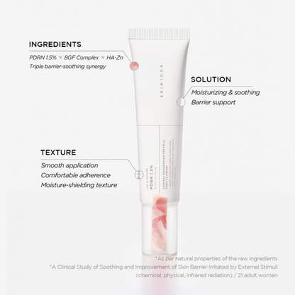 SKIN1004 Madagascar Centella PDRN 1.5 Cream product infographic highlighting 1.5% PDRN, 8GF Complex, HA-Zn, barrier support and moisture-shielding texture