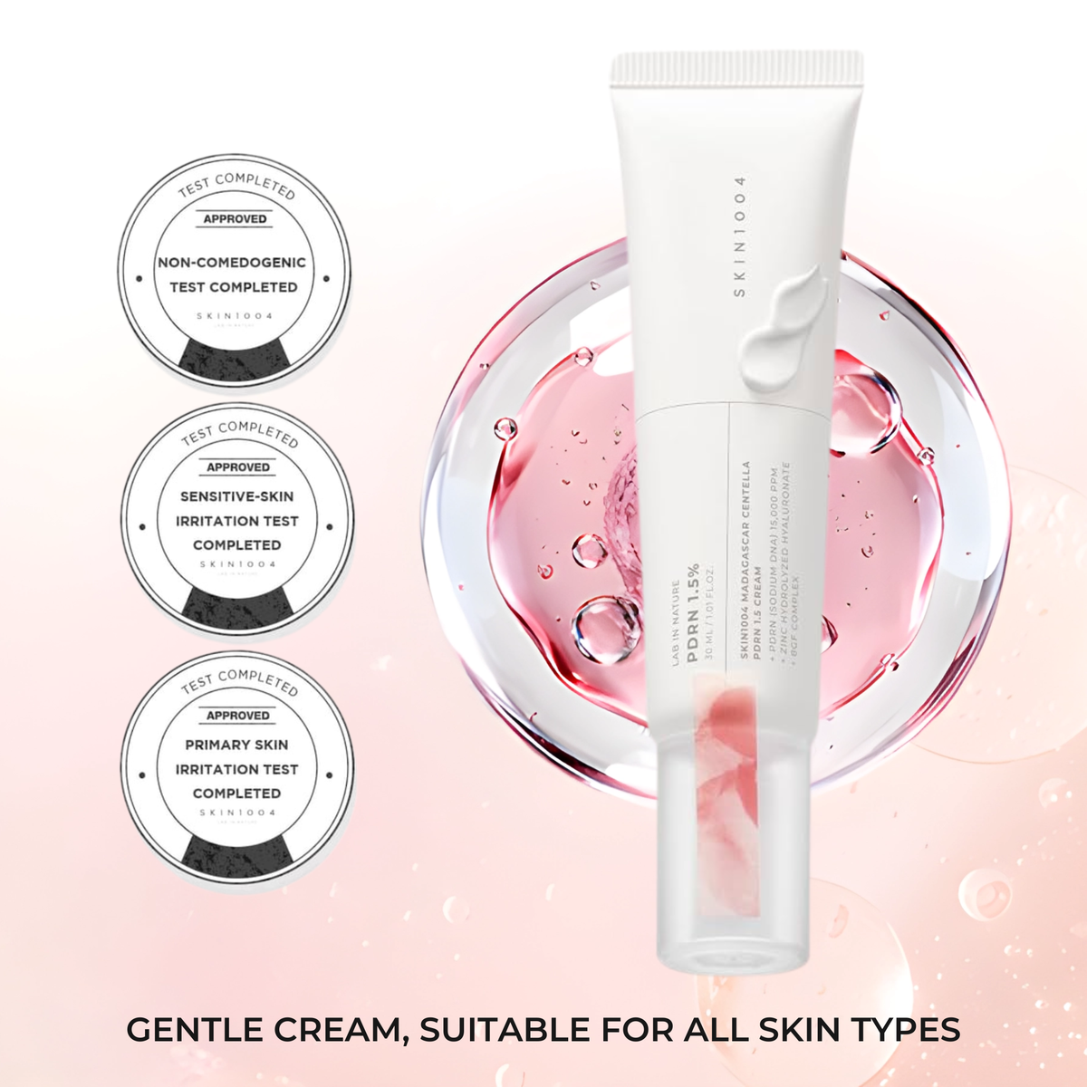 SKIN1004 Madagascar Centella PDRN 1.5 Cream tube with non-comedogenic, sensitive-skin irritation and primary skin irritation test completed badges as well as text that reads Gentle cream, suitable for all skin types.