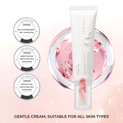 SKIN1004 Madagascar Centella PDRN 1.5 Cream tube with non-comedogenic, sensitive-skin irritation and primary skin irritation test completed badges as well as text that reads Gentle cream, suitable for all skin types.
