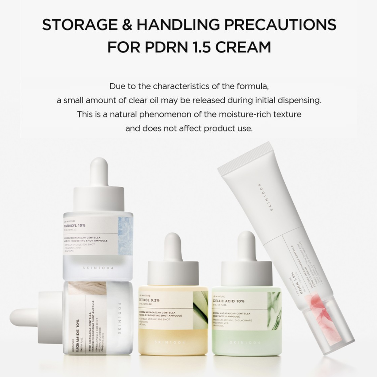 SKIN1004 Madagascar Centella PDRN 1.5 Cream storage and handling infographic explaining possible clear oil release during initial dispensing