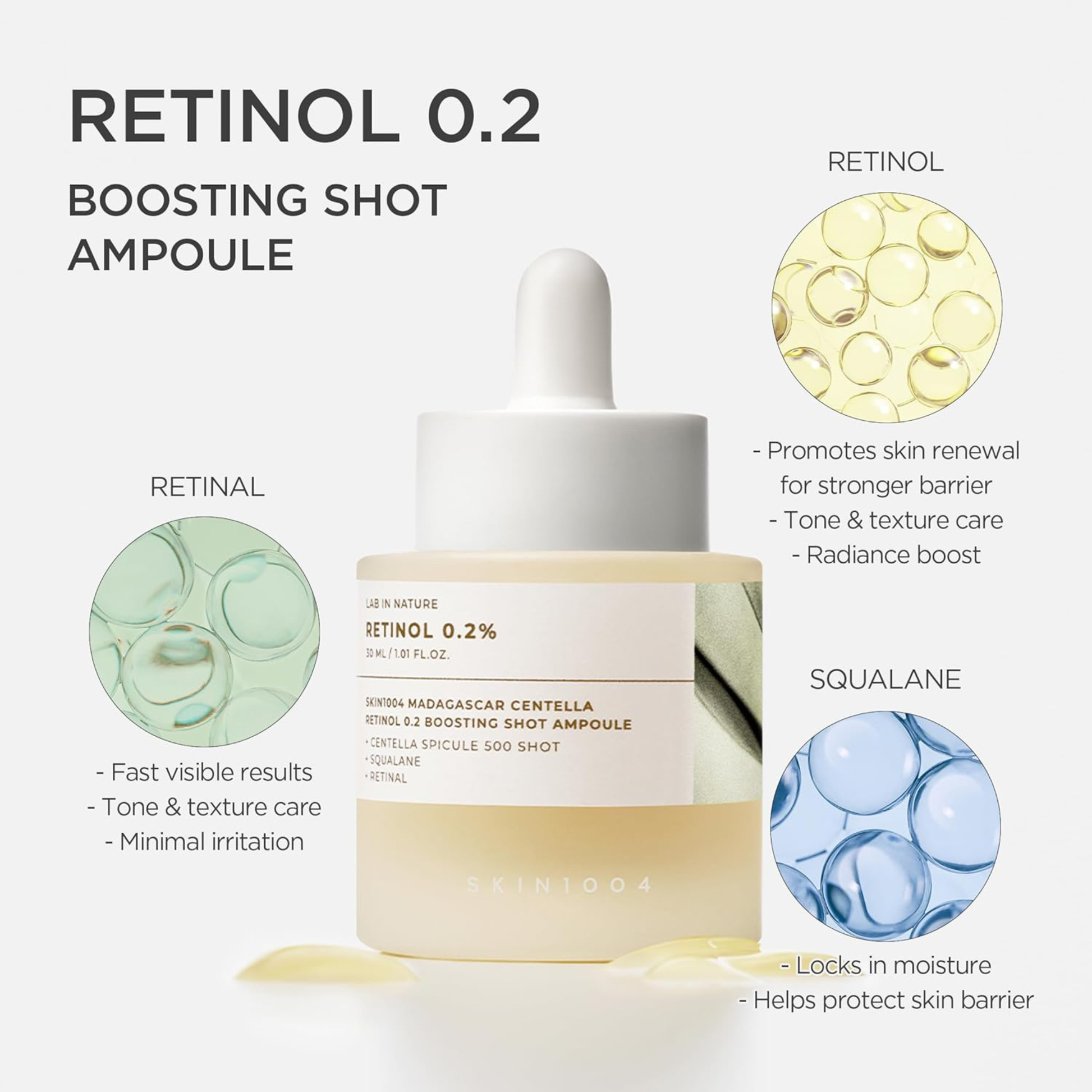 Retinol 0.2 boosting shot ampoule with ingredients and benefits on a white background