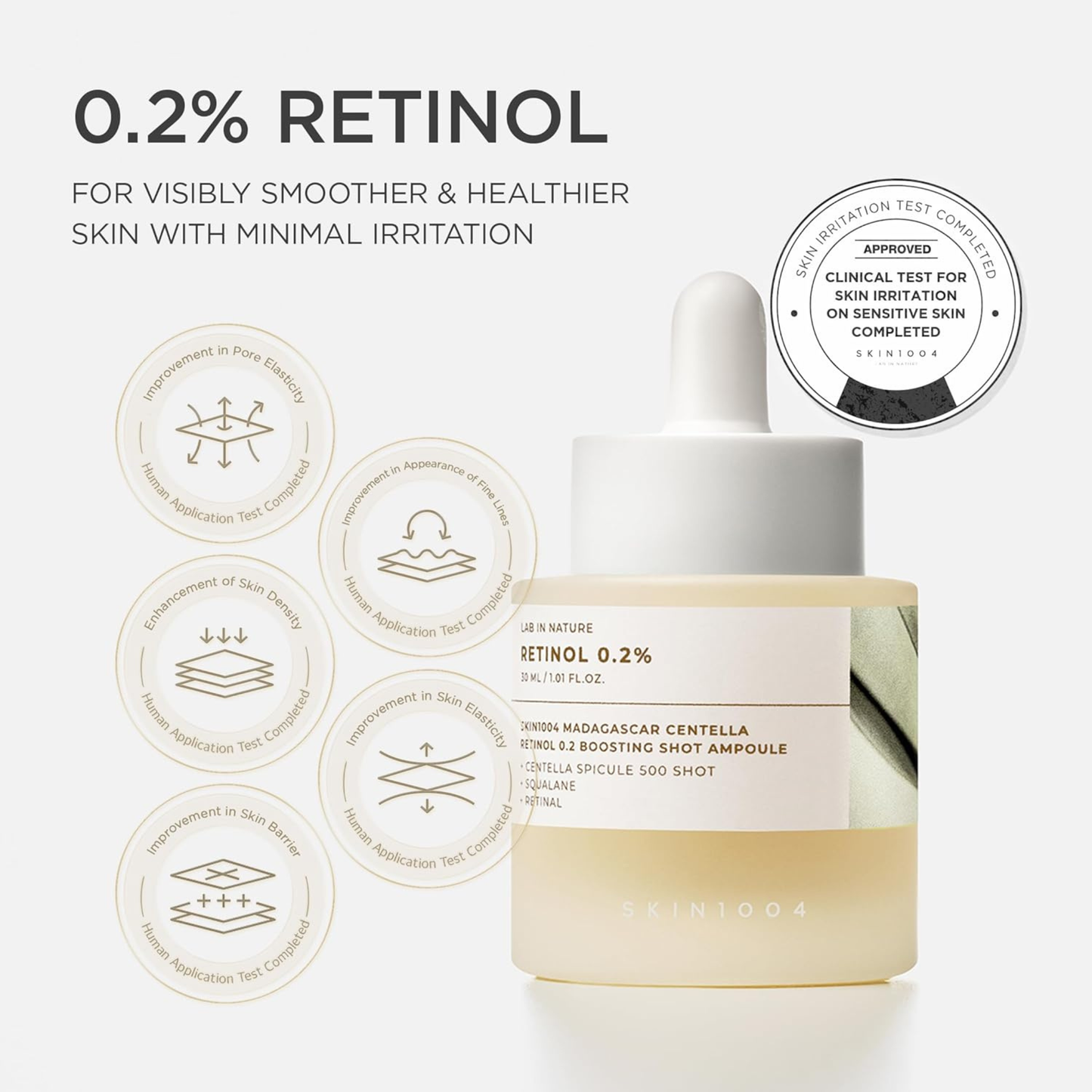 SKIN1004 Madagascar Centella Retinol 0.2 Boosting Shot Ampoule with certification badge on a white background