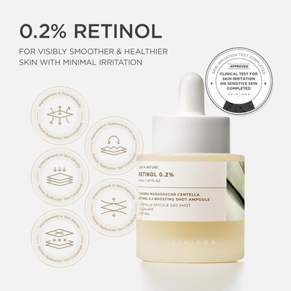 SKIN1004 Madagascar Centella Retinol 0.2 Boosting Shot Ampoule with certification badge on a white background