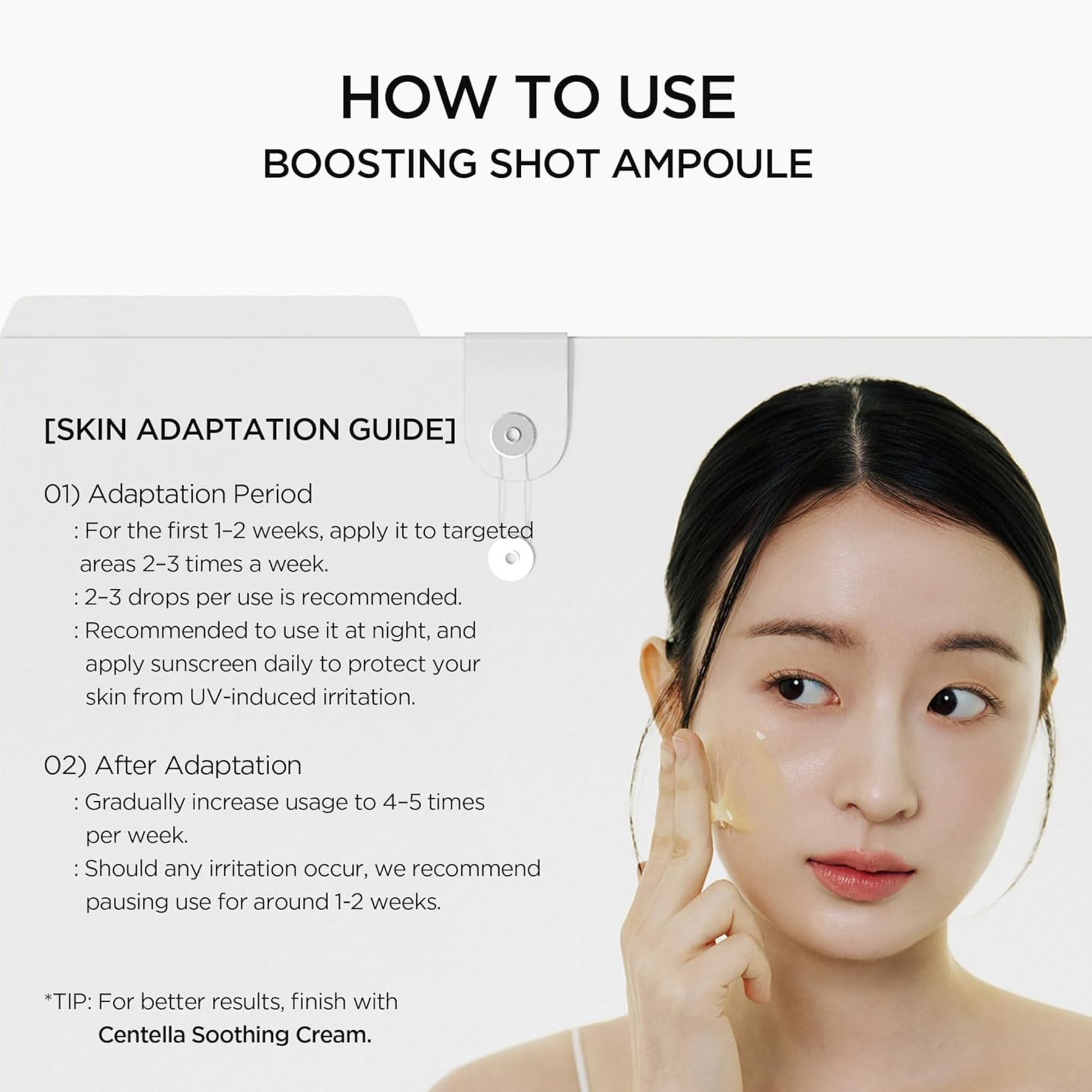 Instructions on how to use SKIN1004 Madagascar Centella Retinol 0.2 Boosting Shot Ampoule with a woman applying it to her face.