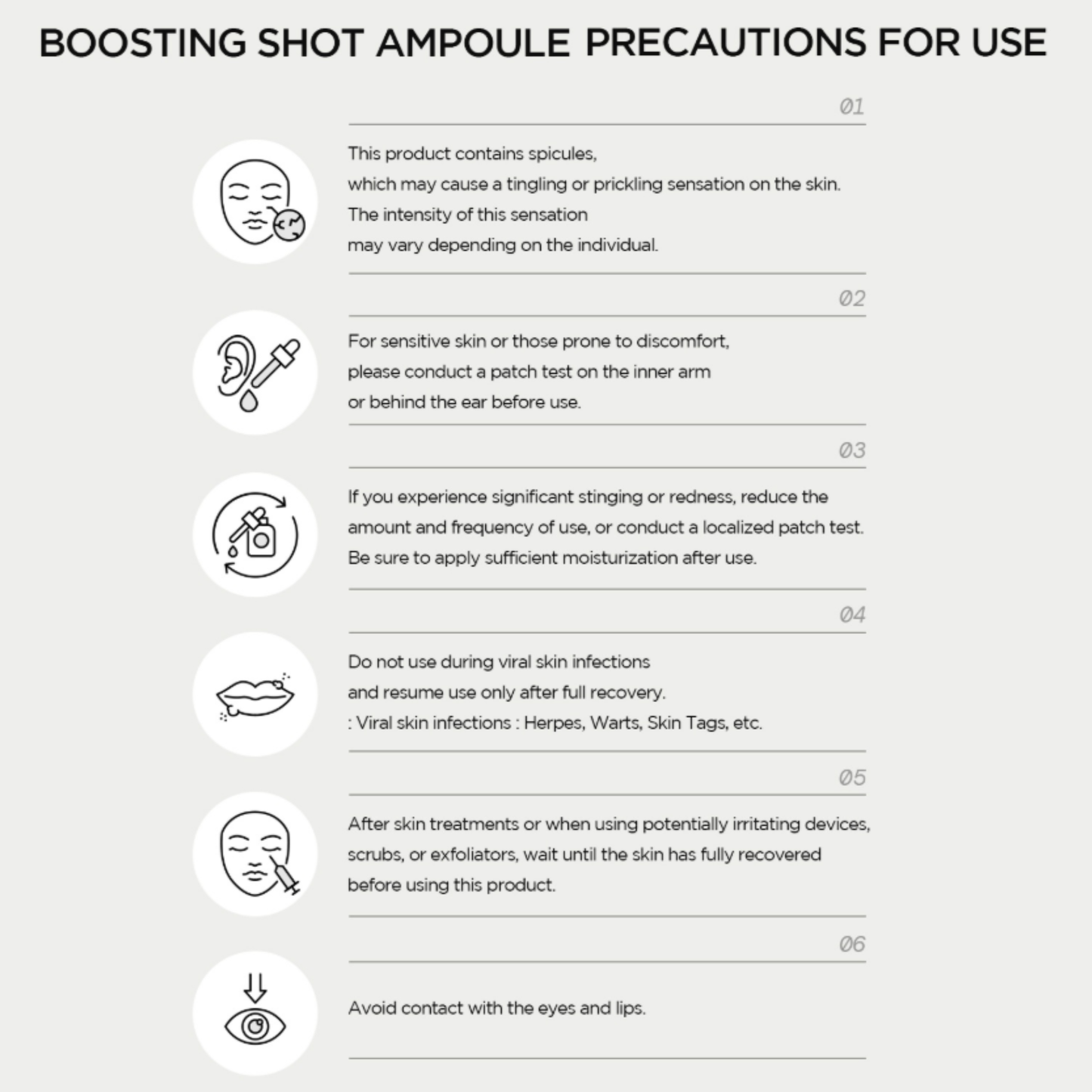 Precautions for using a boosting shot ampoule with icons and text on a white background. SKIN1004 Madagascar Centella Retinol 0.2 Boosting Shot Ampoule