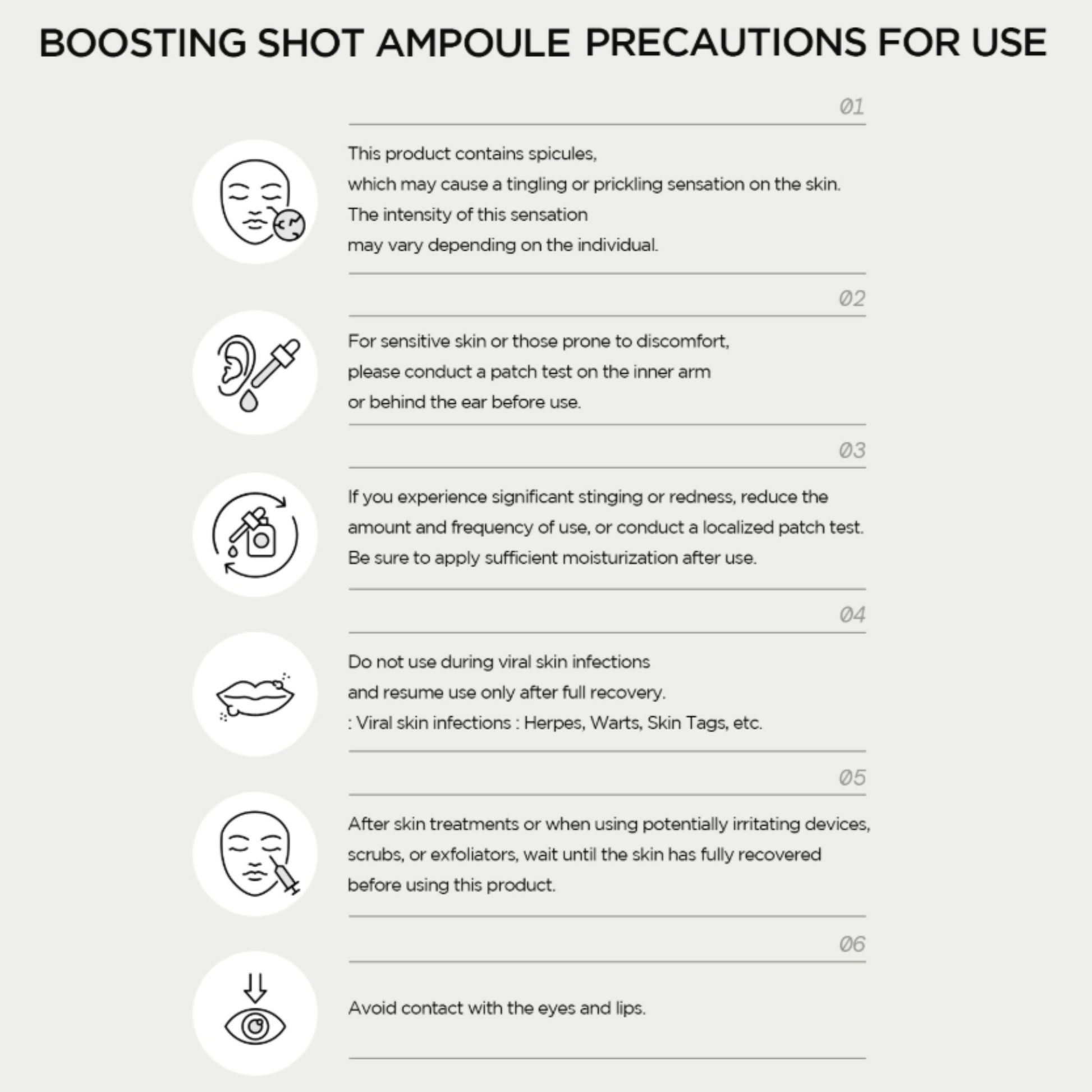 Precautions for using a boosting shot ampoule with icons and text on a white background. SKIN1004 Madagascar Centella Retinol 0.2 Boosting Shot Ampoule