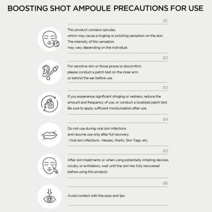 Precautions for using a boosting shot ampoule with icons and text on a white background. SKIN1004 Madagascar Centella Retinol 0.2 Boosting Shot Ampoule