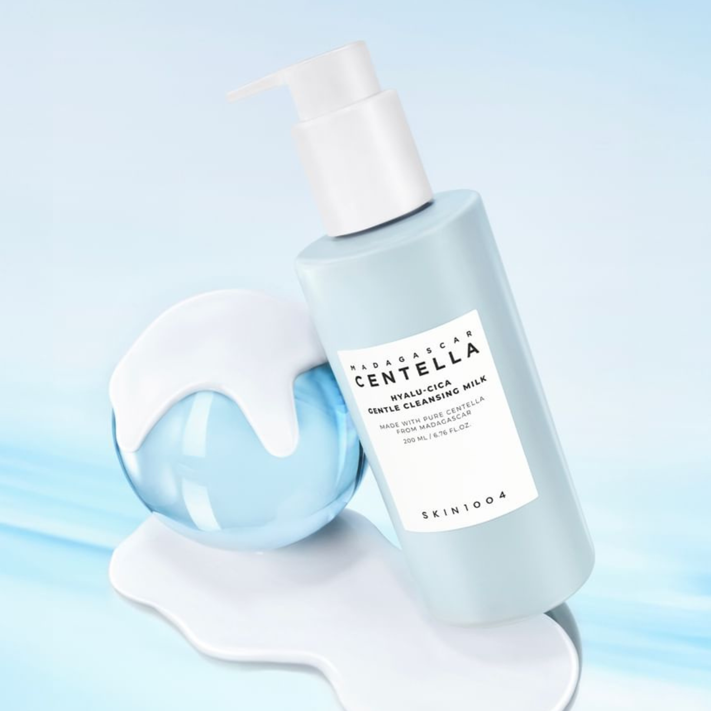 SKIN1004 Hyalu-Cica Blue Gentle Cleansing Milk with pump and label on a light blue background
