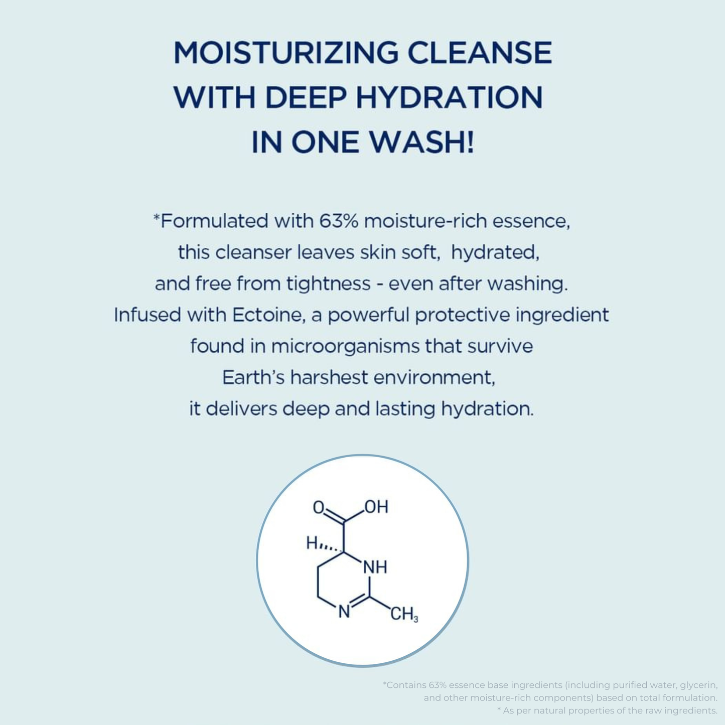 Product information of SKIN1004 Hyalu-Cica Blue Gentle Cleansing Milk text about cleansing with deep hydration, featuring text and a molecular structure diagram on a light blue background.