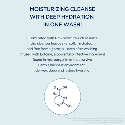 Product information of SKIN1004 Hyalu-Cica Blue Gentle Cleansing Milk text about cleansing with deep hydration, featuring text and a molecular structure diagram on a light blue background.