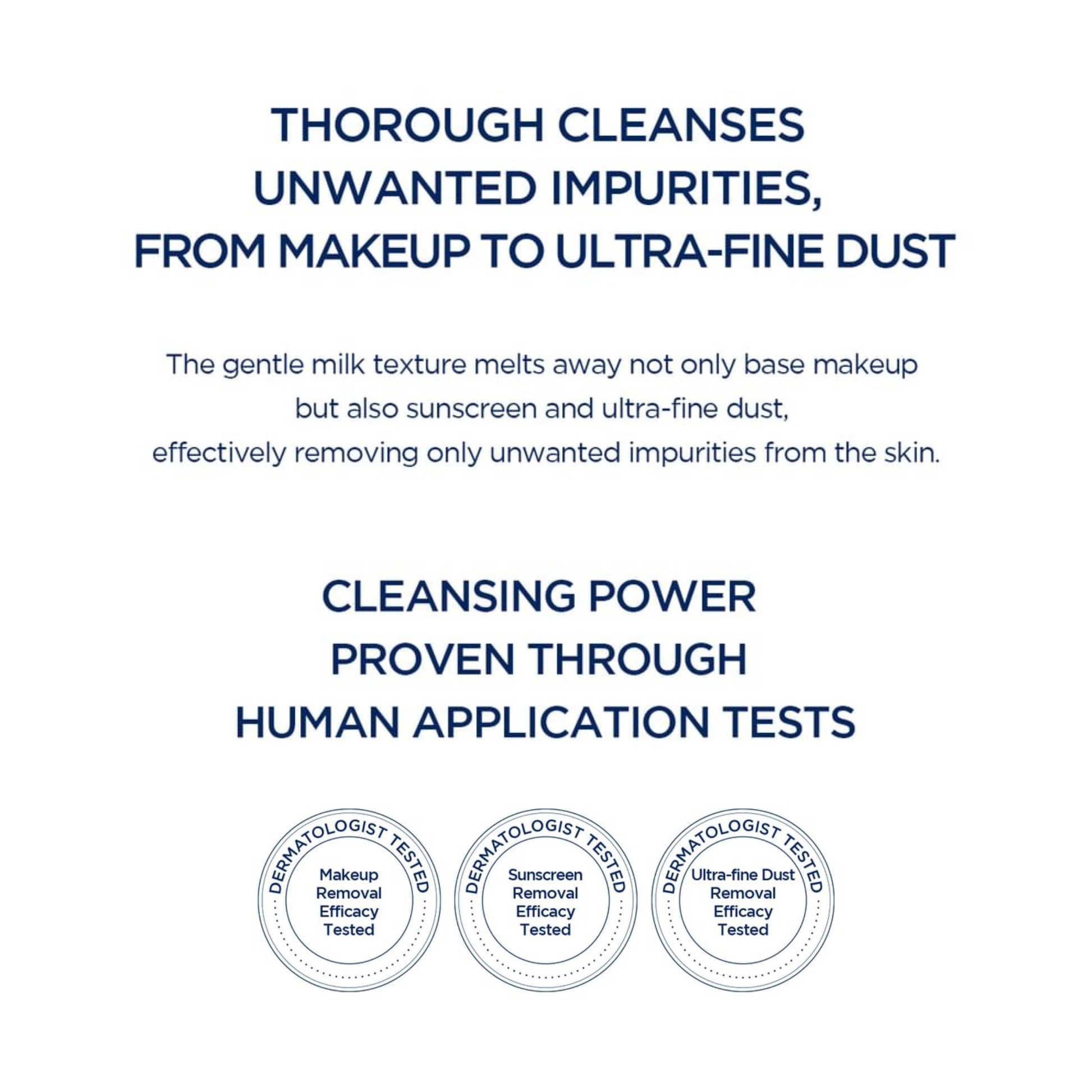 Text describing the cleansing properties of SKIN1004 Hyalu-Cica Blue Gentle Cleansing Milk with three dermatologist-tested logos.