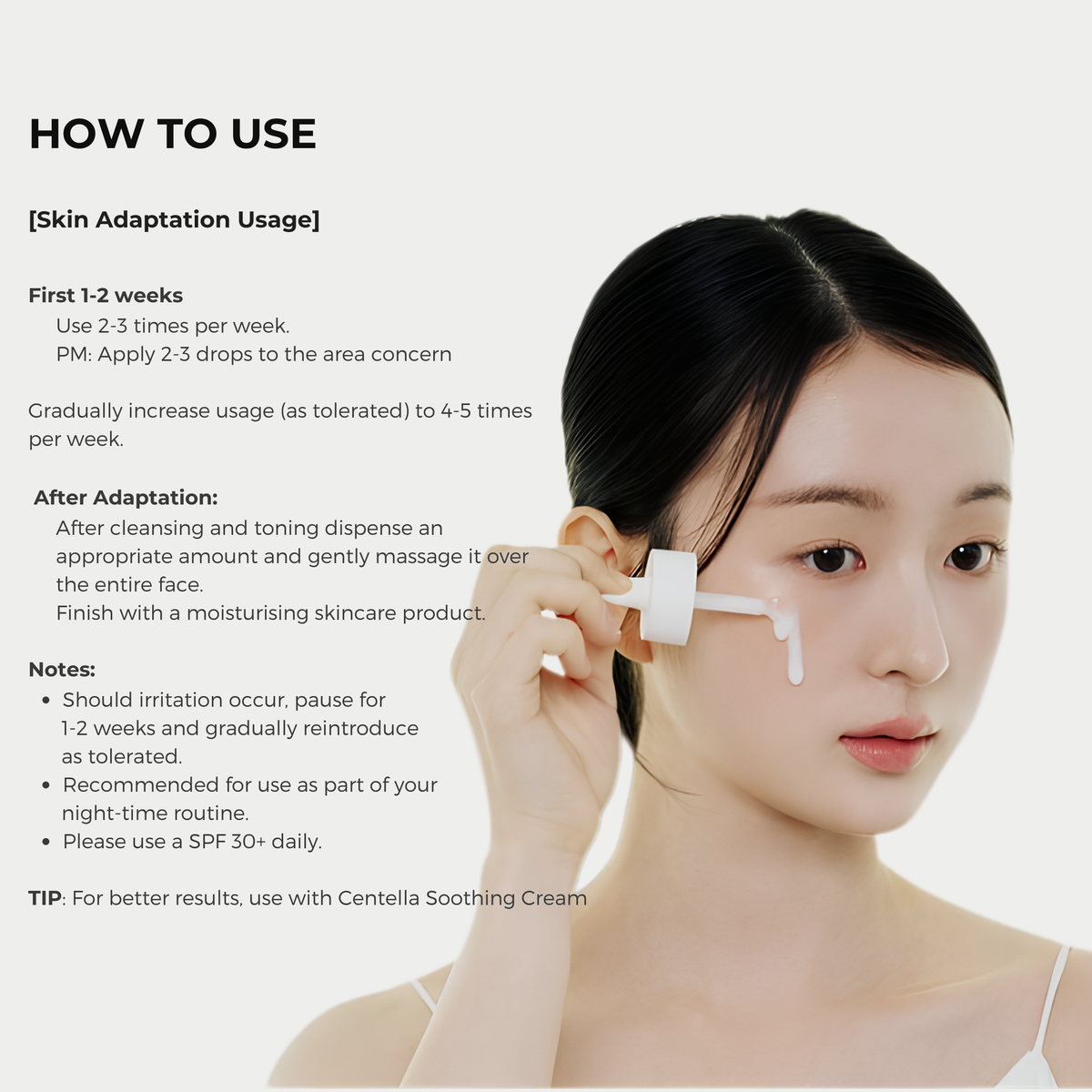 A woman applying the SKIN1004 Lab in Nature Madagascar Centella Matrixyl 10% Boosting Shot Ampoule to her eye area, with text on the left explaining how to use the skincare product. The image has a clean white background and focuses on skincare application.