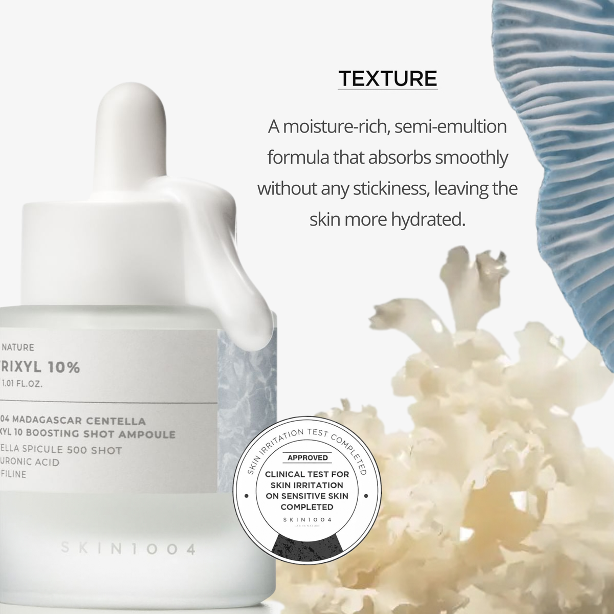 SKIN1004 Lab in Nature Madagascar Centella Matrixyl 10% Boosting Shot Ampoule with descriptive text on texture and a clinical test badge, styled with soft coral and blue abstract elements on a white background.