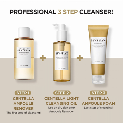Three skincare products from the SKIN1004 Madagascar Centella Ampoule range with step-by-step instructions on a beige background.