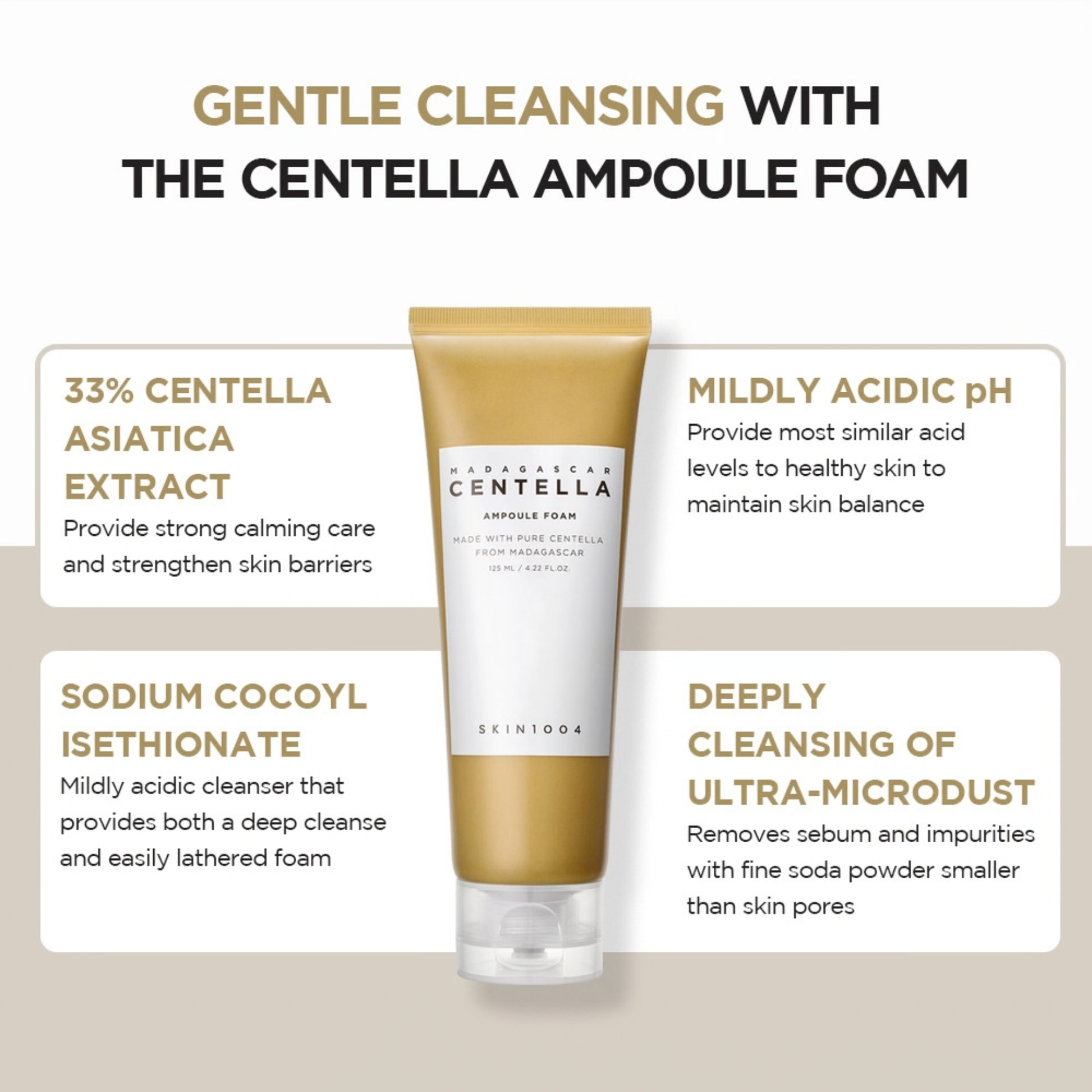 SKIN1004 Madagascar Centella Ampoule Foam tube with product details and ingredient highlights on a beige background
