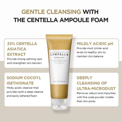 SKIN1004 Madagascar Centella Ampoule Foam tube with product details and ingredient highlights on a beige background