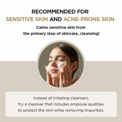 Information on cleanser suitable for sensitive and acne-prone skin, featuring a woman washing her face with SKIN1004 Madagascar Centella Ampoule Foam.