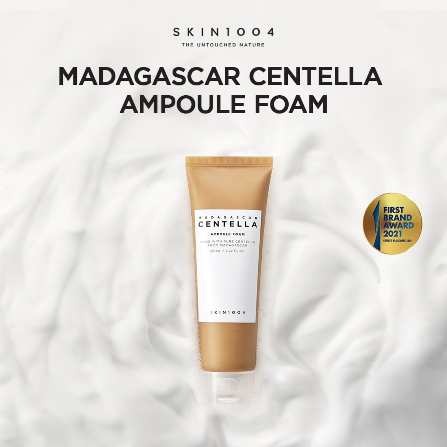 SKIN1004 Madagascar Centella Ampoule Foam tube on a white background with brand logo and award badge.