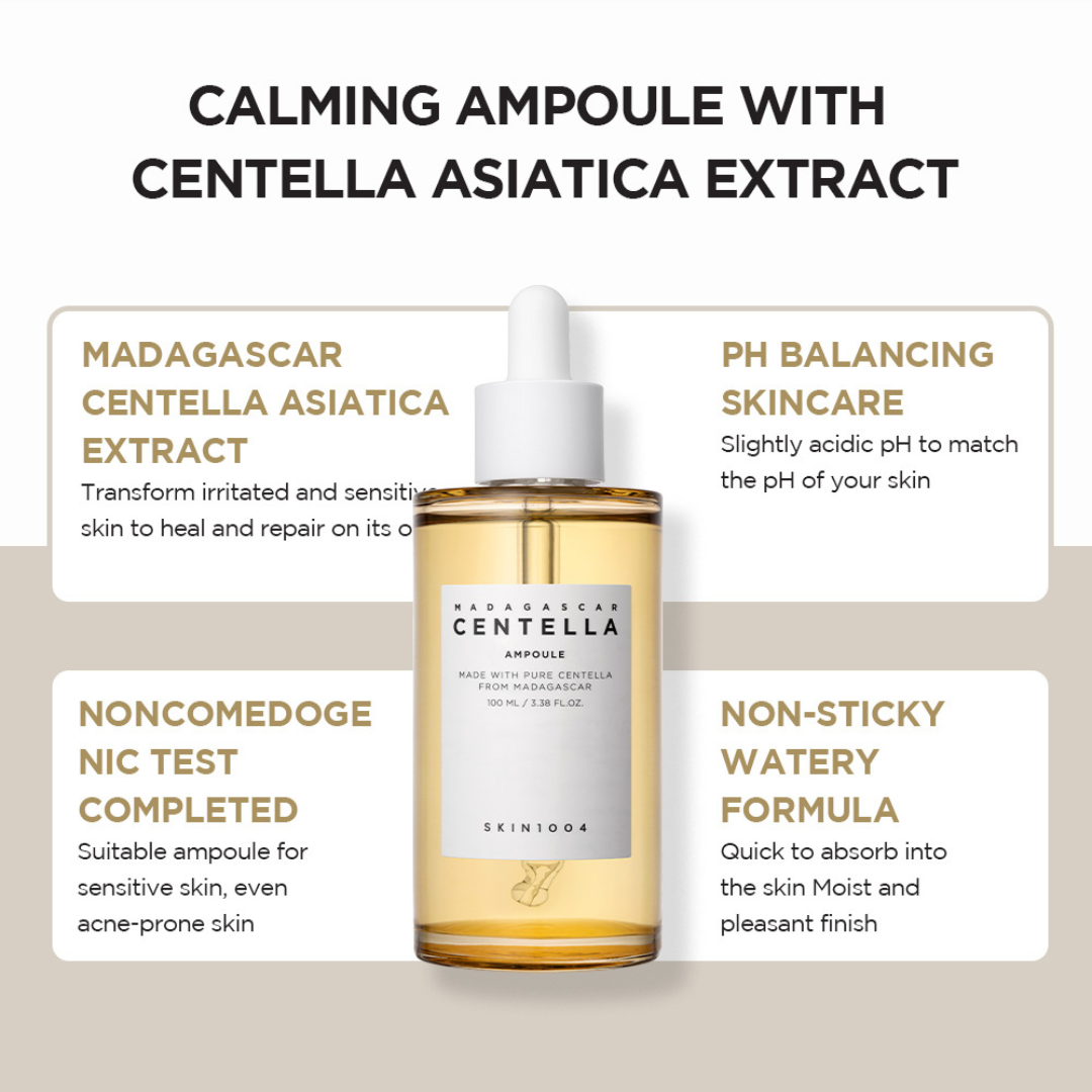 SKIN1004 Madagascar Centella Ampoule on a beige background with text about product features