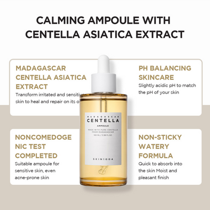 SKIN1004 Madagascar Centella Ampoule on a beige background with text about product features