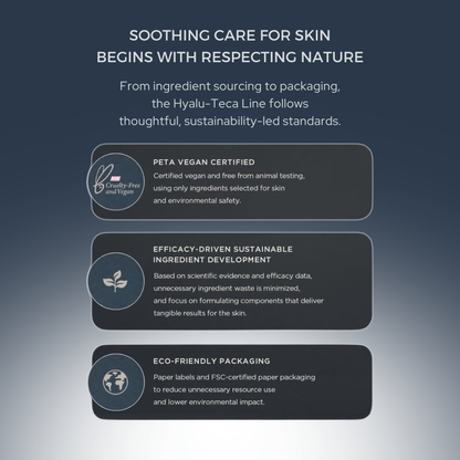 Soothing care for skin Infographic for SKIN1004 Madagascar Centella Hyalu-Teca Glass Skin Milk highlighting that the formula is Vegan, Efficacy driven with sustainable ingredient development and Eco-friendly packaging