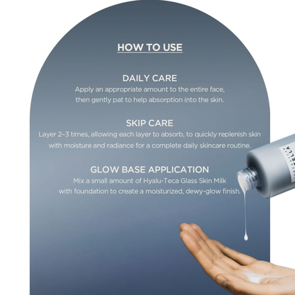 Instructions on how to use the SKIN1004 Madagascar Centella Hyalu-Teca Glass Skin Milk with a SKIN1004 Madagascar Centella Hyalu-Teca Glass Skin Milk being pored onto a hand