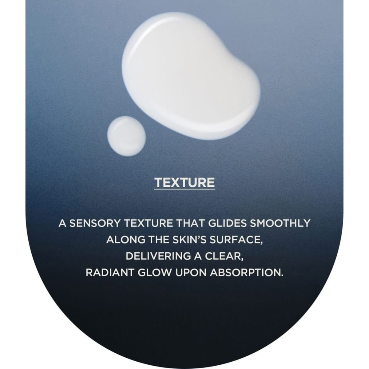 A close-up texture of the SKIN1004 Madagascar Centella Hyalu-Teca Glass Skin Milk showing white cream droplets on a dark blue-to-black gradient background with white text describing a smooth, clear, radiant-absorption feel.