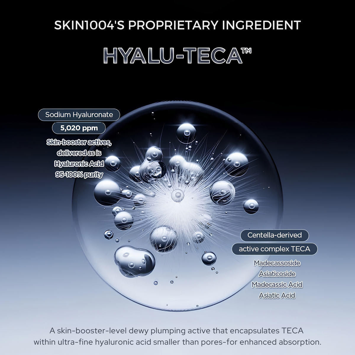 Skin1004 Proprietary ingredient - Hyalu-Teca infographic with text on the composition of the ingredient. SKIN1004 Madagascar Centella Hyalu-Teca Glass Skin Milk. Additional text: A skin-booster-level dewy plumping active that encapsulates TECA within ultra-fine hyaluronic acid smaller than pores-for enhanced absorption.