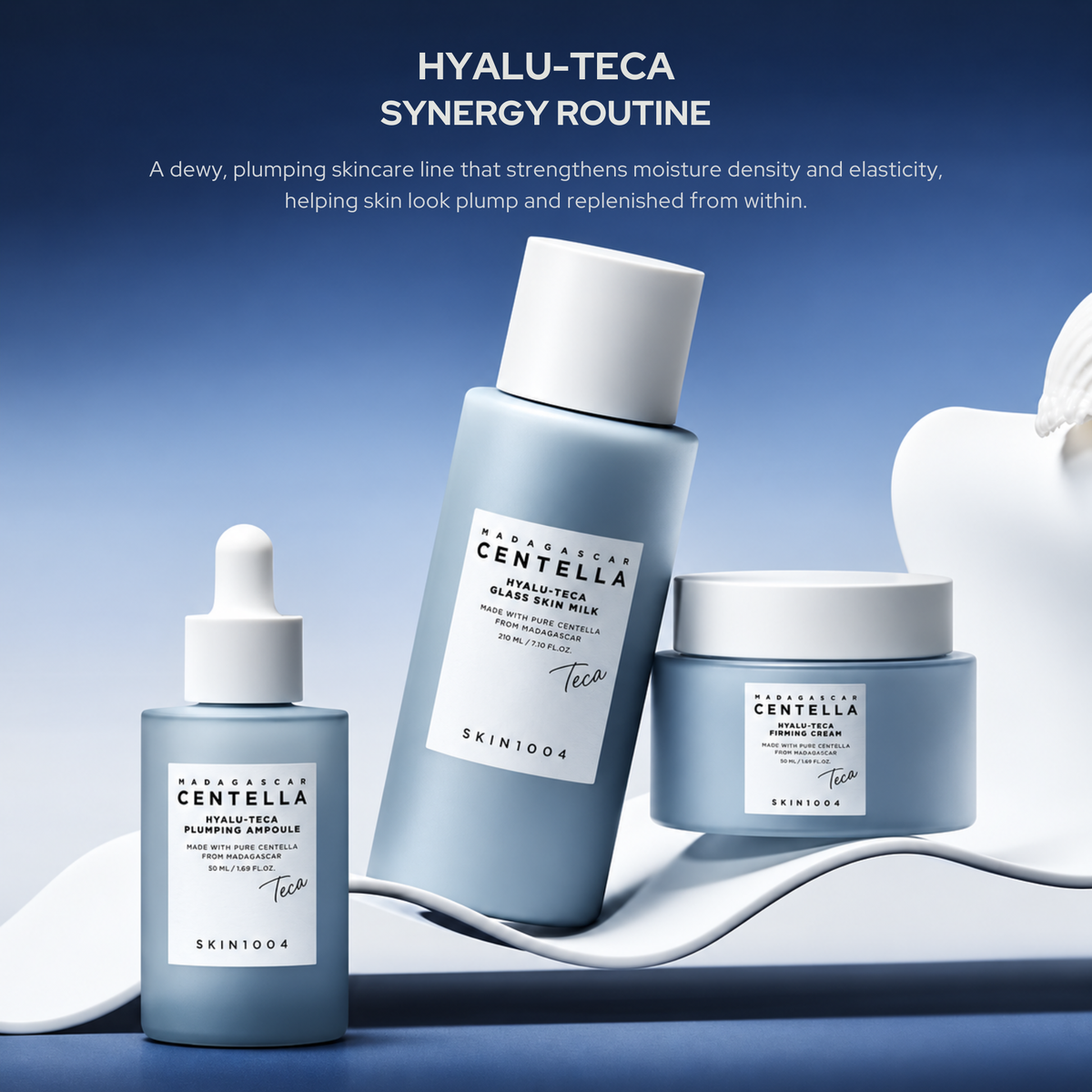 Three SKIN1004 Hyalu-Teca Centella skincare products arranged on a blue gradient background: a glass serum bottle, SKIN1004 Madagascar Centella Hyalu-Teca Glass Skin Milk, and a cream jar, with white text above describing the hyalu-teca synergy routine.
